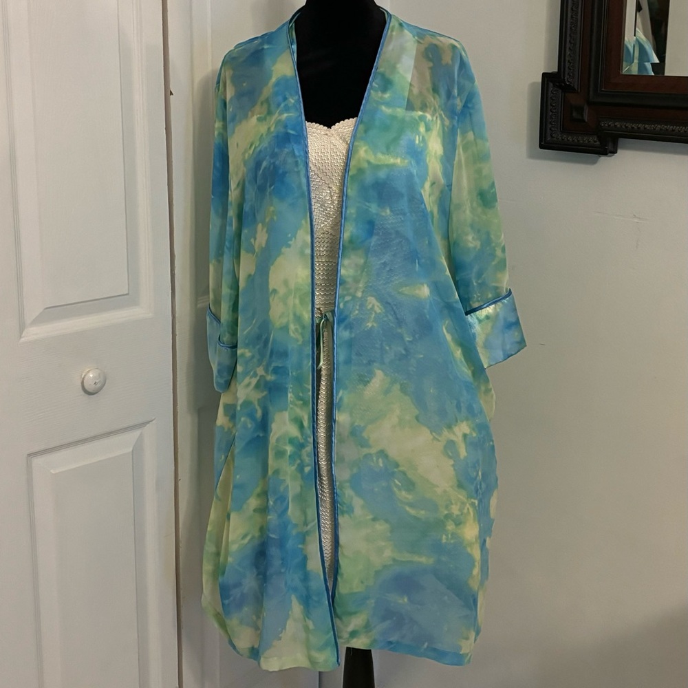 Vintage Delicates Robe Womens 1X Blue/Green/White Ties Inside/Missing Belt